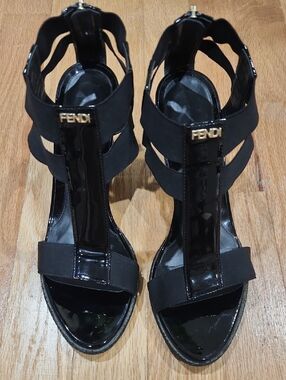 Fendi Black Patent & Elastic T-Strap High Heel Sandals